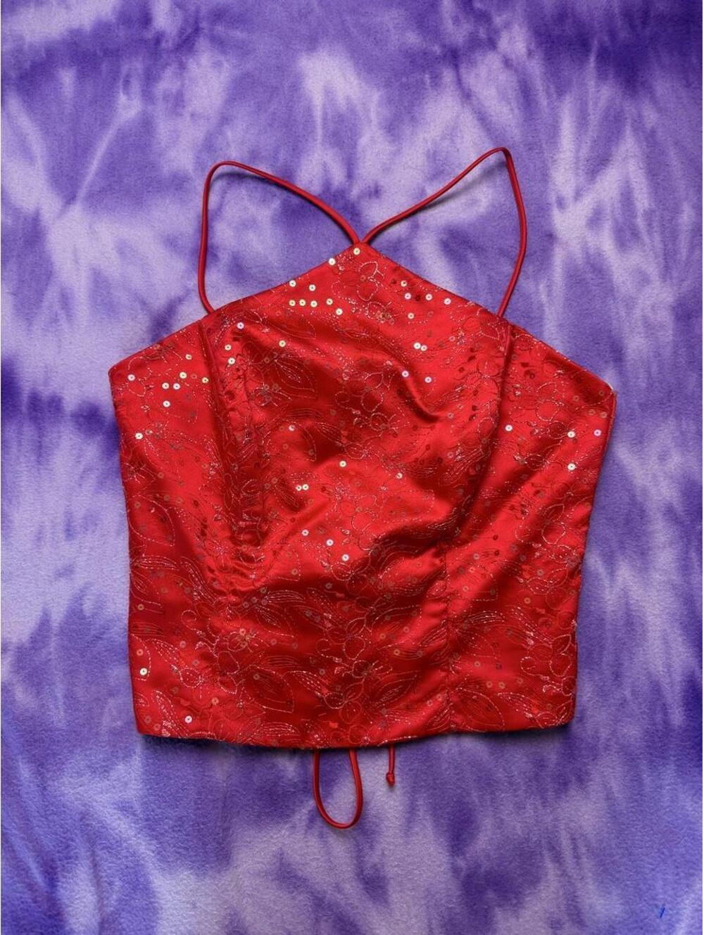 Blondie Nites 90s red sequin embroidery strappy corset top